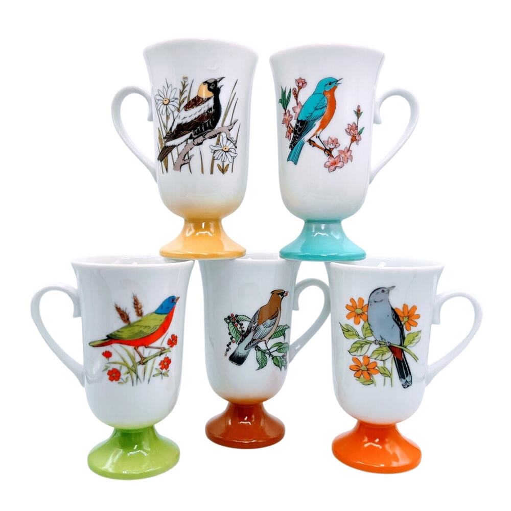 Vibrant Vintage FRED ROBERTS Pedestal Footed Song Bird Mugs MCM